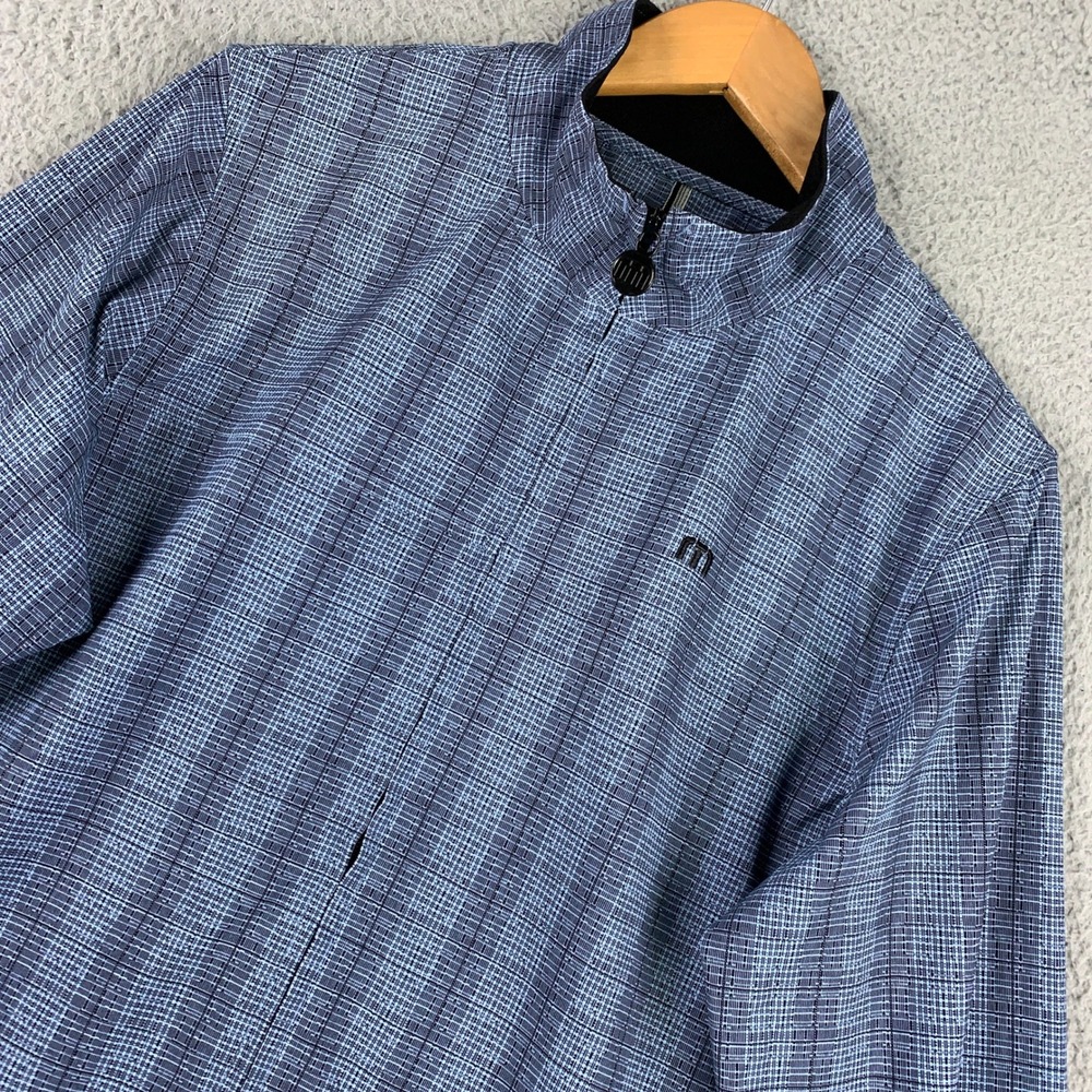 Travis Mathew Bomber Jacket Men's Medium Blue Plaid Zip Golf Performance Stretch